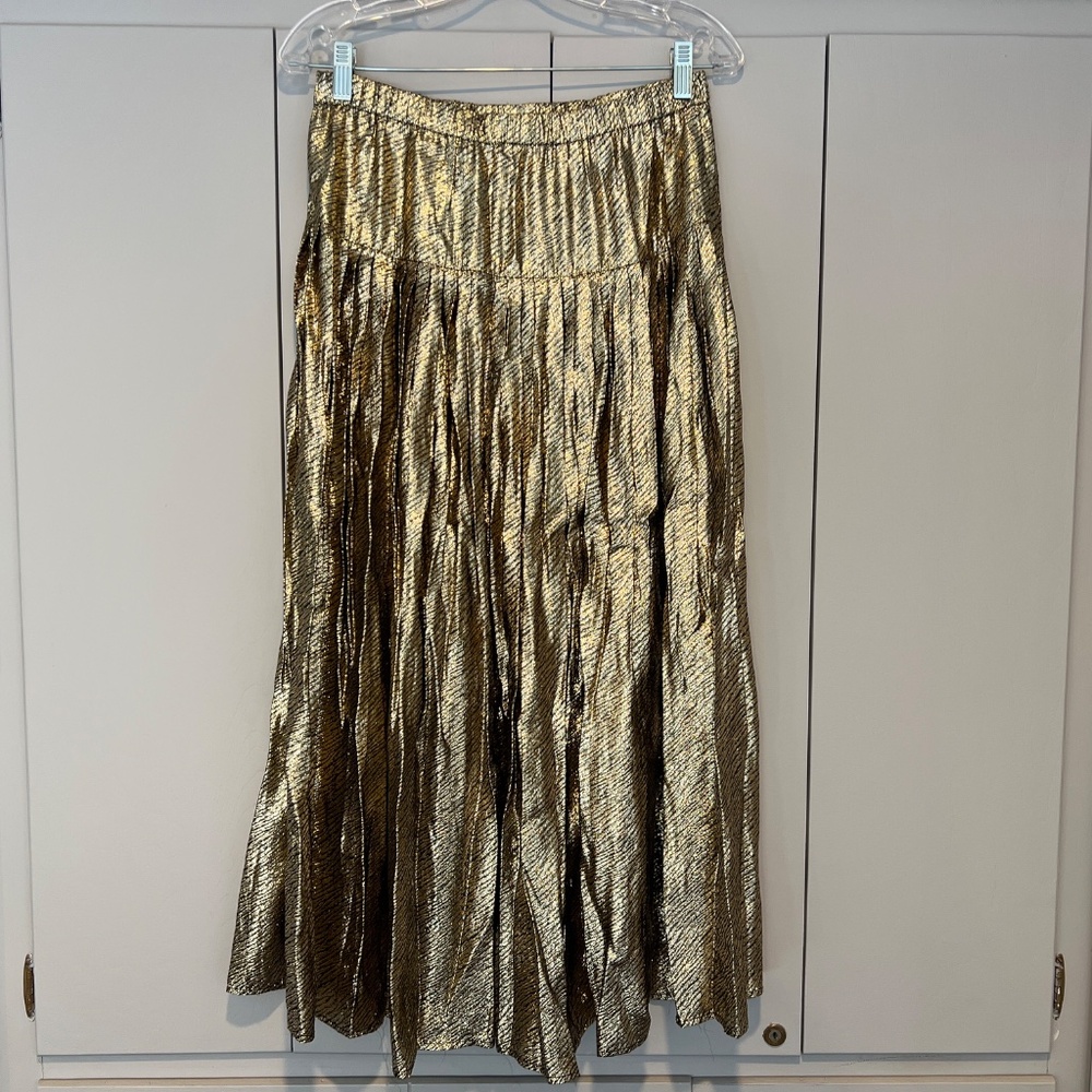 Vintage LORCH Flowy Gold Metallic Elastic Waist Long Pleated Midi Maxi Skirt M